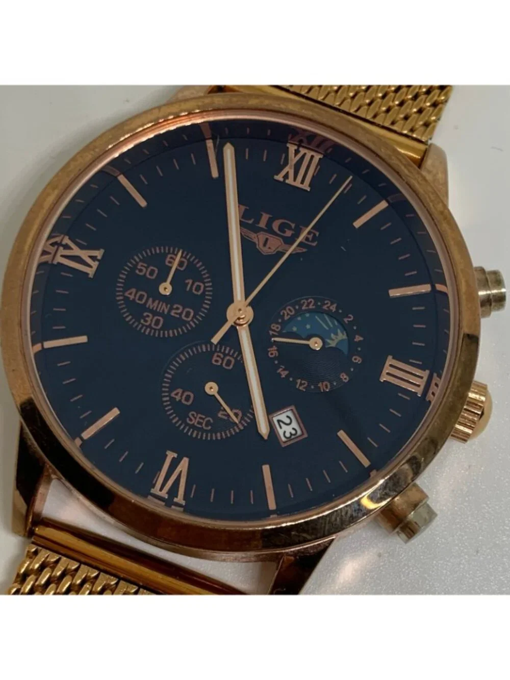 Lige Dream Mens watch date Moon Phase 44mm Gold Tone Black dial Quartz running